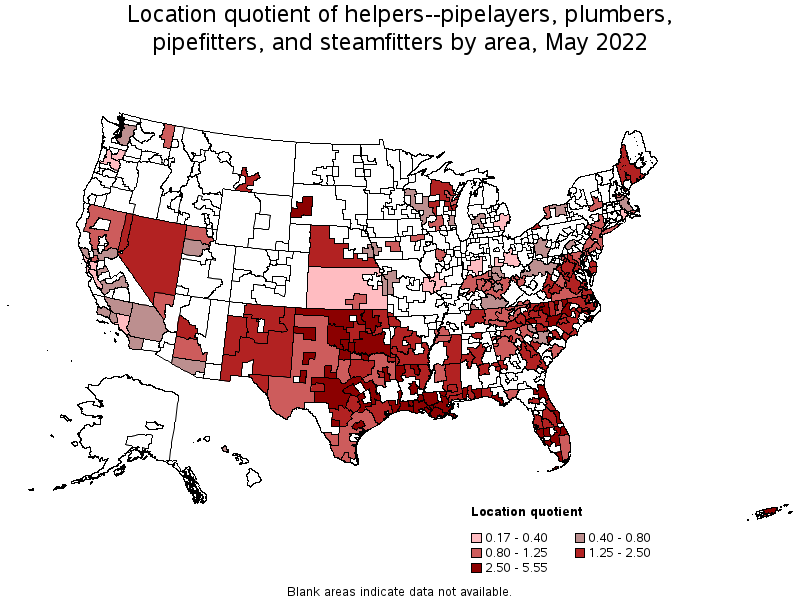 Map of location quotient of helpers--pipelayers, plumbers, pipefitters, and steamfitters by area, May 2022