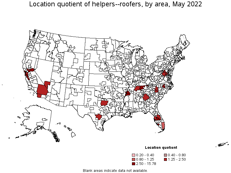 Map of location quotient of helpers--roofers by area, May 2022