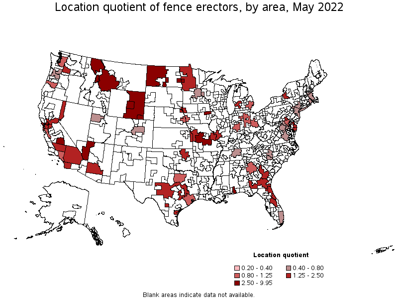 Map of location quotient of fence erectors by area, May 2022