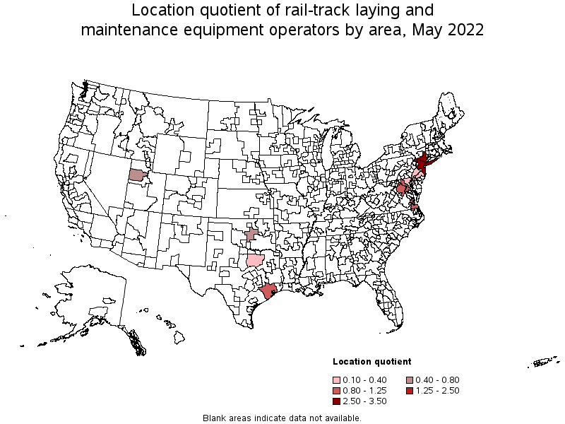 Map of location quotient of rail-track laying and maintenance equipment operators by area, May 2022