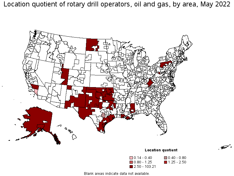 Map of location quotient of rotary drill operators, oil and gas by area, May 2022