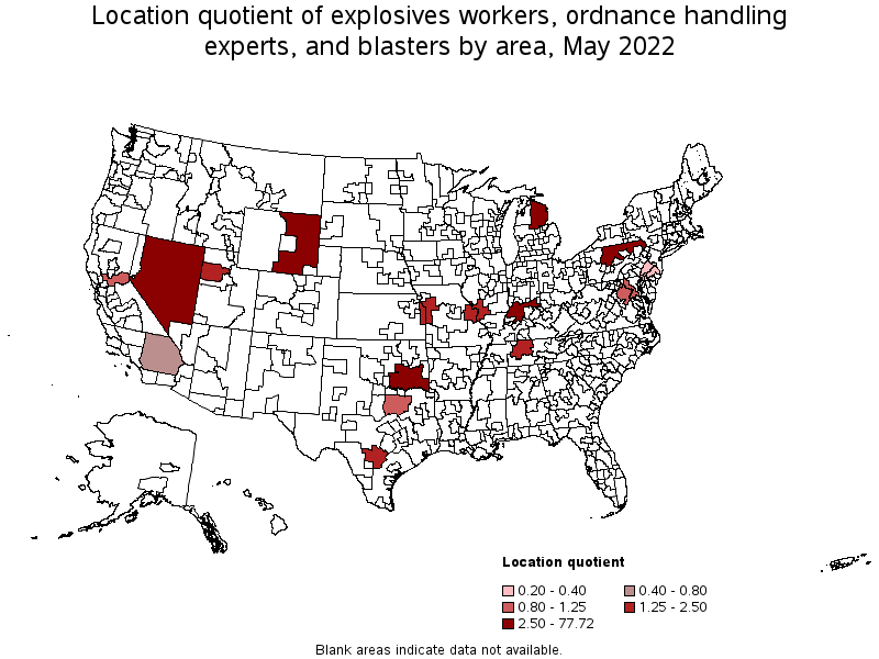 Map of location quotient of explosives workers, ordnance handling experts, and blasters by area, May 2022