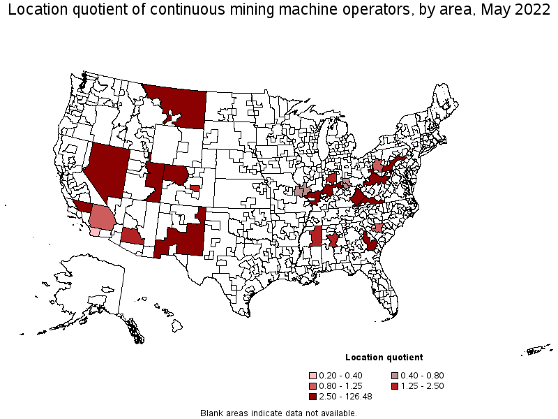 Map of location quotient of continuous mining machine operators by area, May 2022