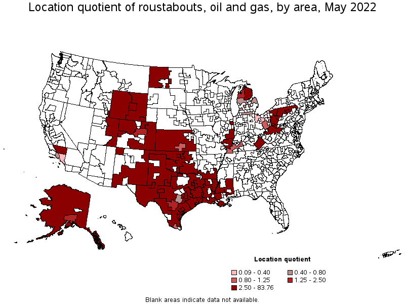 Map of location quotient of roustabouts, oil and gas by area, May 2022