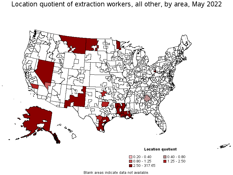 Map of location quotient of extraction workers, all other by area, May 2022