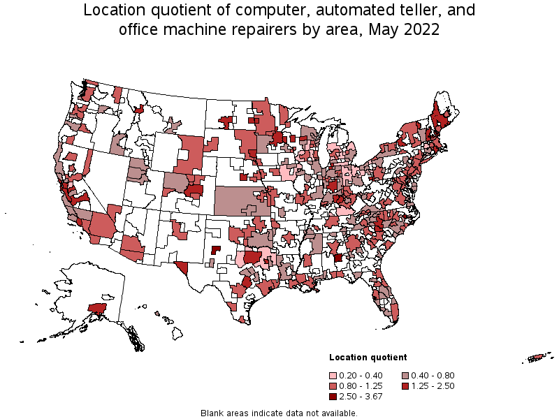 Map of location quotient of computer, automated teller, and office machine repairers by area, May 2022
