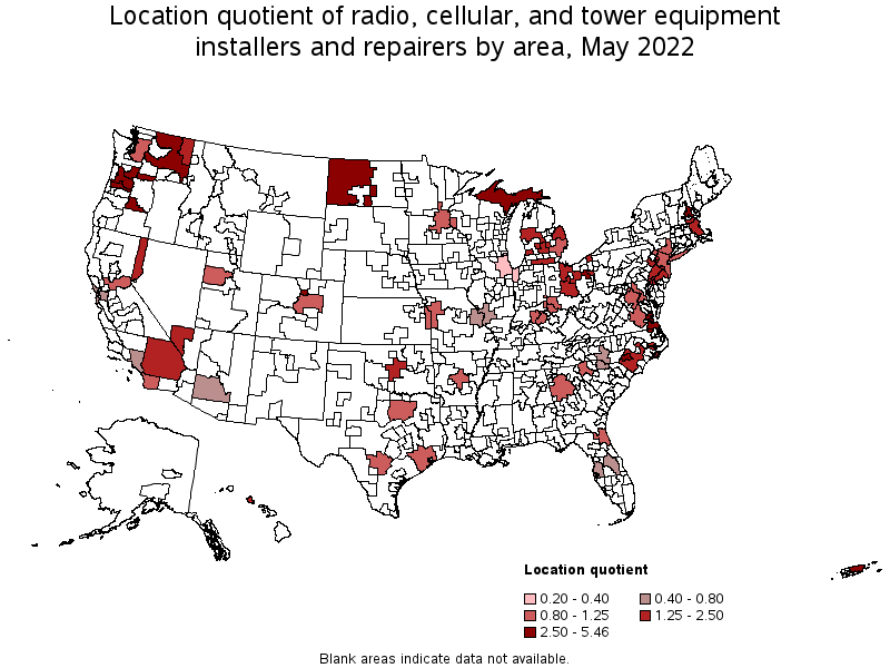 Map of location quotient of radio, cellular, and tower equipment installers and repairers by area, May 2022