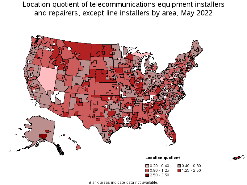 Map of location quotient of telecommunications equipment installers and repairers, except line installers by area, May 2022