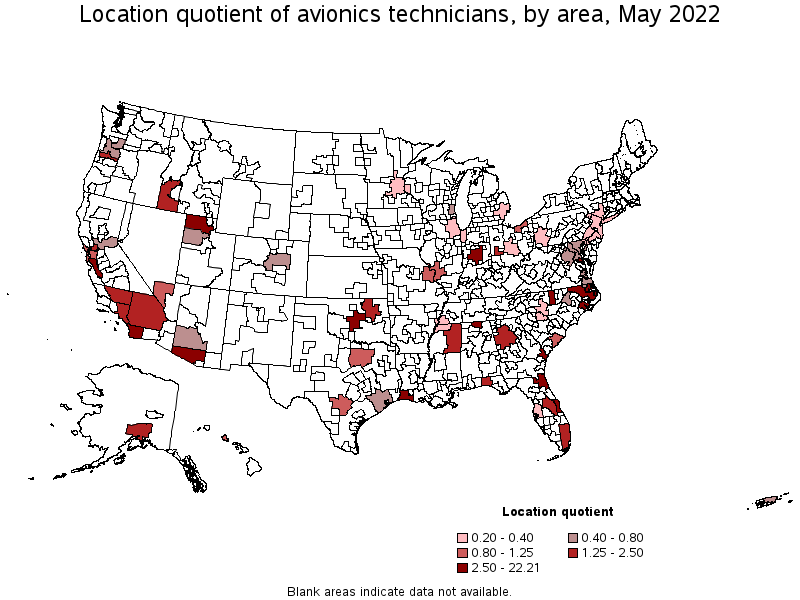 Map of location quotient of avionics technicians by area, May 2022