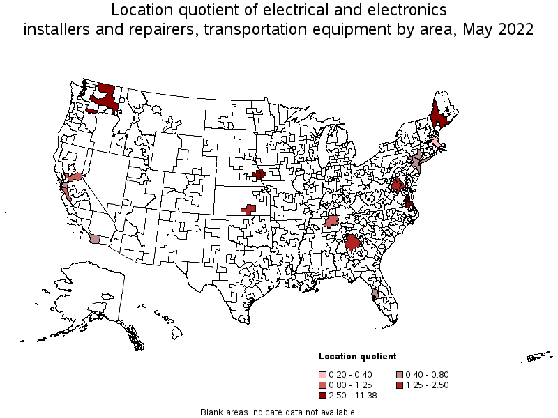 Map of location quotient of electrical and electronics installers and repairers, transportation equipment by area, May 2022