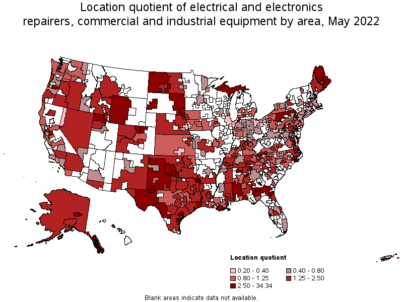 Map of location quotient of electrical and electronics repairers, commercial and industrial equipment by area, May 2022