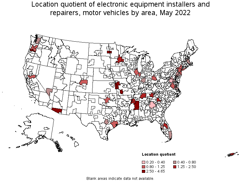Map of location quotient of electronic equipment installers and repairers, motor vehicles by area, May 2022
