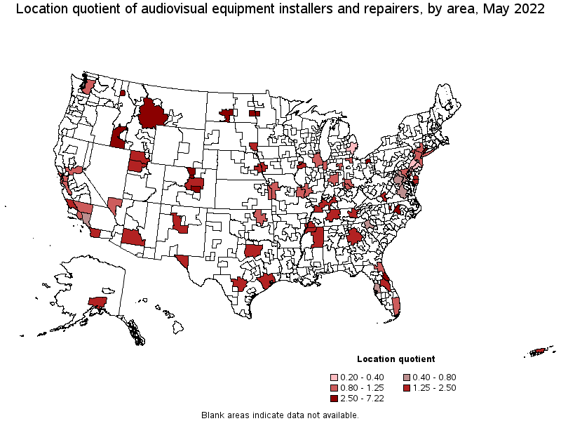 Map of location quotient of audiovisual equipment installers and repairers by area, May 2022