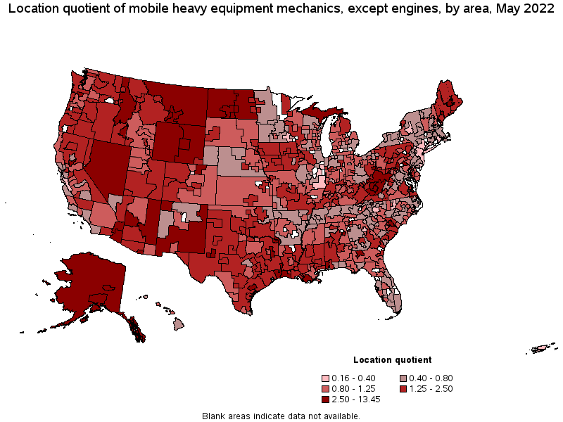 Map of location quotient of mobile heavy equipment mechanics, except engines by area, May 2022
