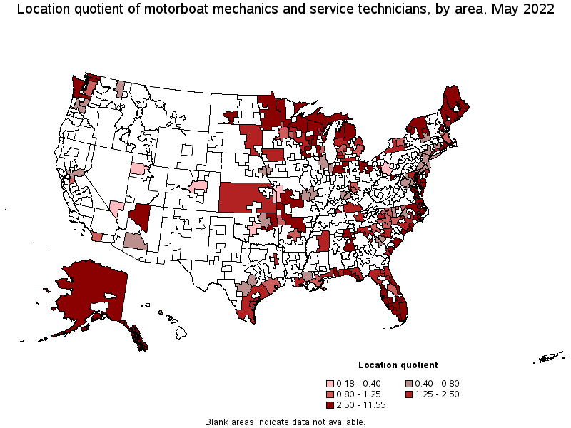 Map of location quotient of motorboat mechanics and service technicians by area, May 2022
