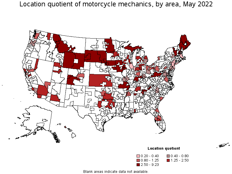 Map of location quotient of motorcycle mechanics by area, May 2022