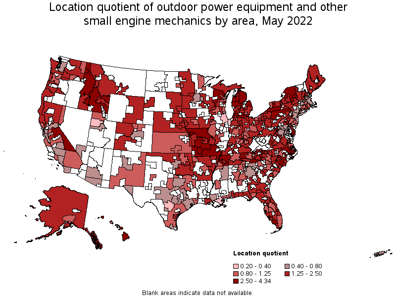 Map of location quotient of outdoor power equipment and other small engine mechanics by area, May 2022