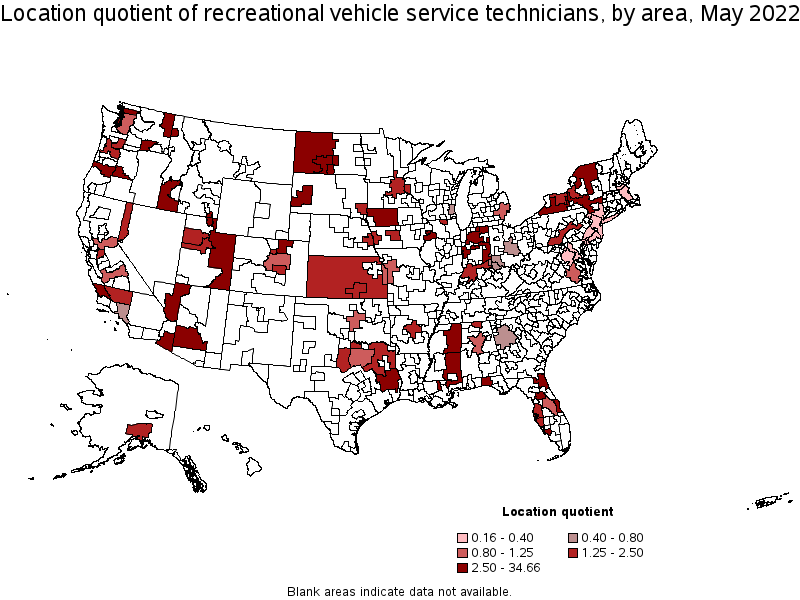 Map of location quotient of recreational vehicle service technicians by area, May 2022