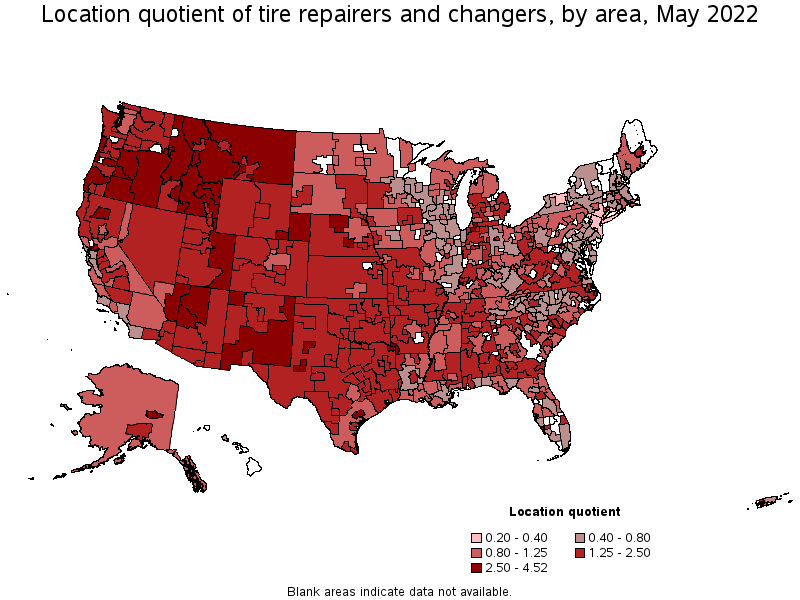 Map of location quotient of tire repairers and changers by area, May 2022