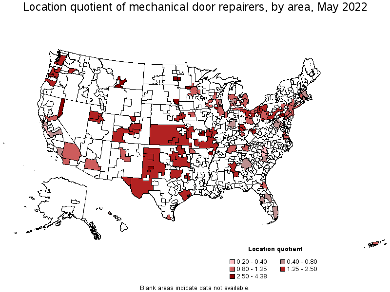Map of location quotient of mechanical door repairers by area, May 2022