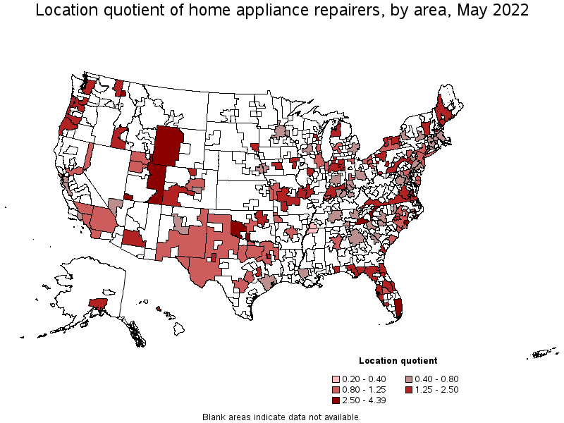 Map of location quotient of home appliance repairers by area, May 2022