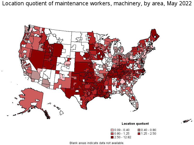 Map of location quotient of maintenance workers, machinery by area, May 2022