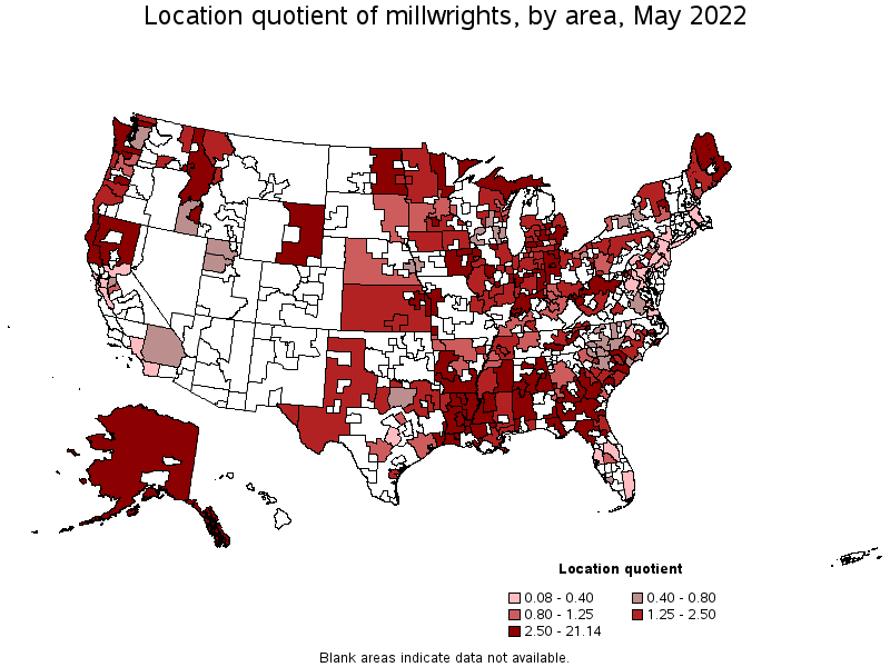 Map of location quotient of millwrights by area, May 2022