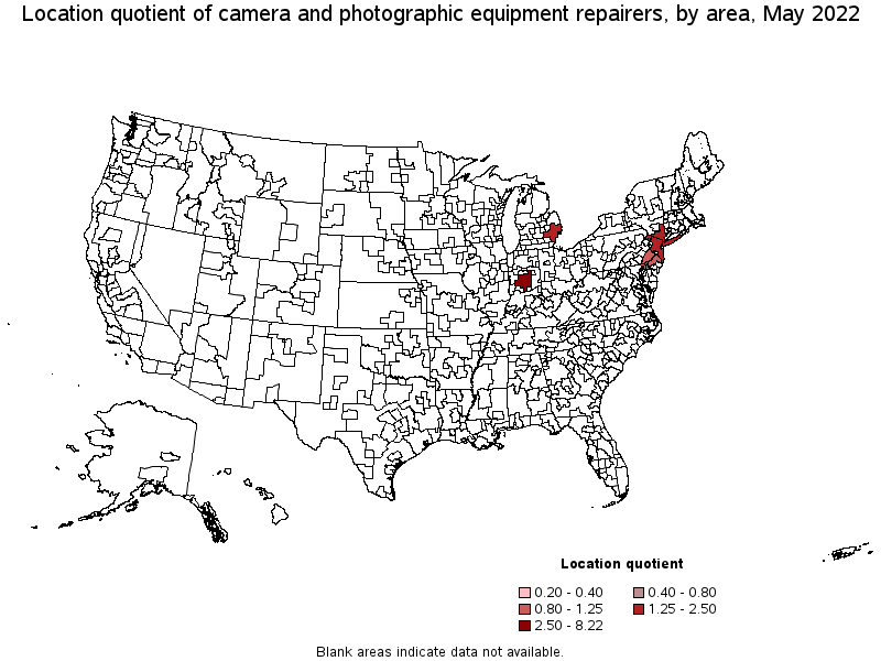 Map of location quotient of camera and photographic equipment repairers by area, May 2022