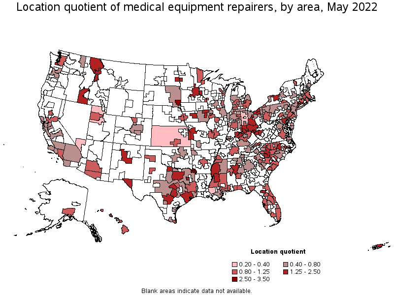 Map of location quotient of medical equipment repairers by area, May 2022