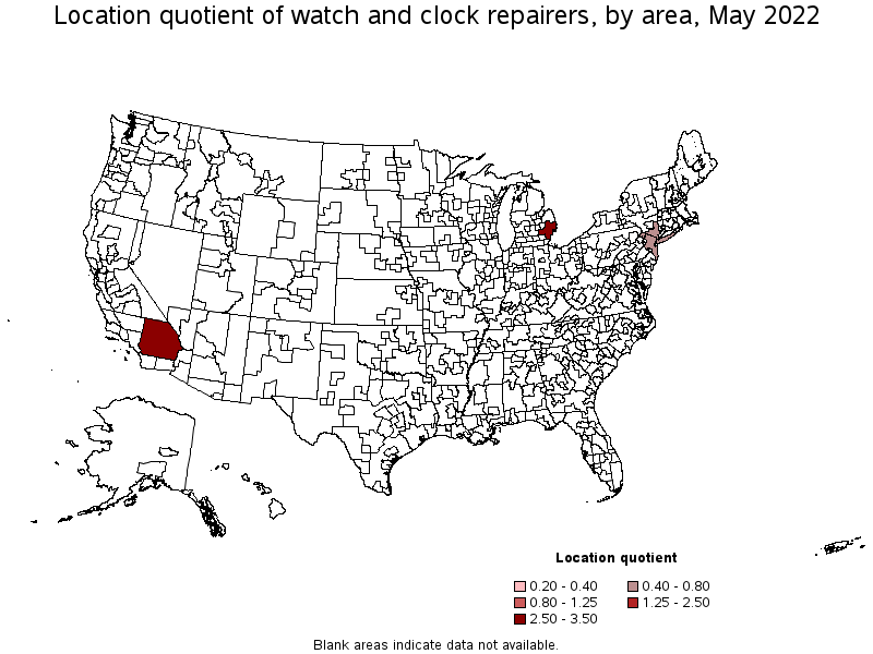 Map of location quotient of watch and clock repairers by area, May 2022