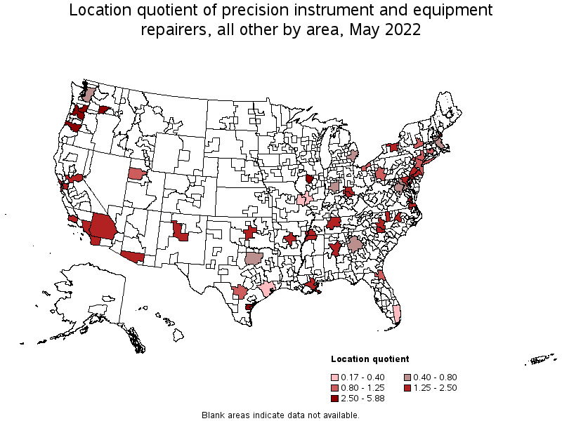 Map of location quotient of precision instrument and equipment repairers, all other by area, May 2022
