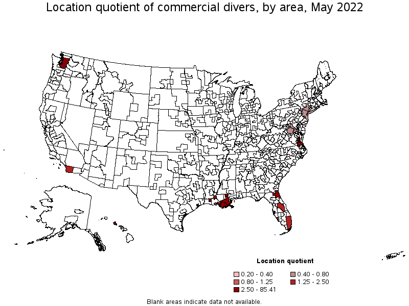 Map of location quotient of commercial divers by area, May 2022