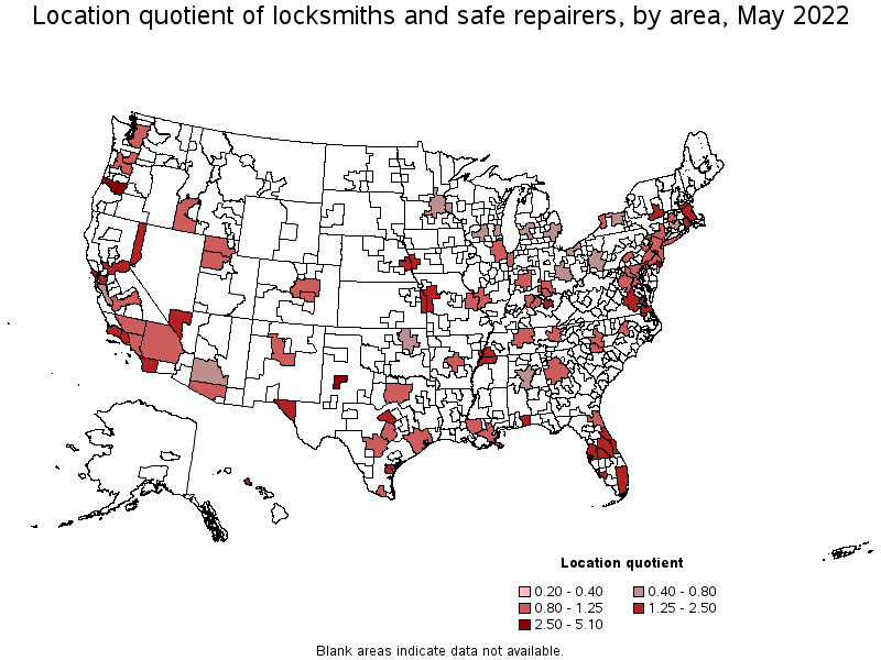 Map of location quotient of locksmiths and safe repairers by area, May 2022