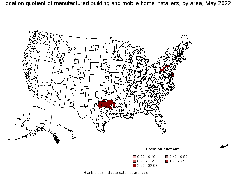 Map of location quotient of manufactured building and mobile home installers by area, May 2022