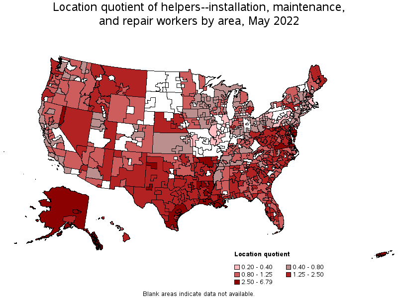 Map of location quotient of helpers--installation, maintenance, and repair workers by area, May 2022