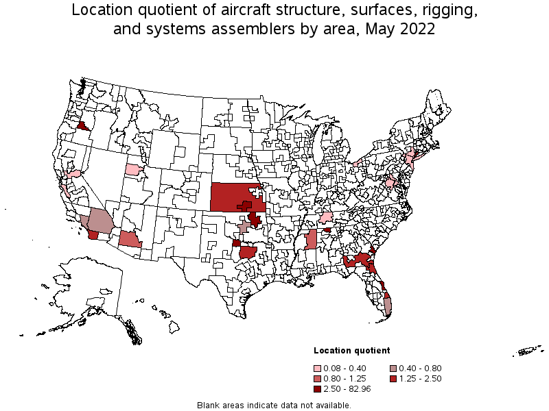 Map of location quotient of aircraft structure, surfaces, rigging, and systems assemblers by area, May 2022