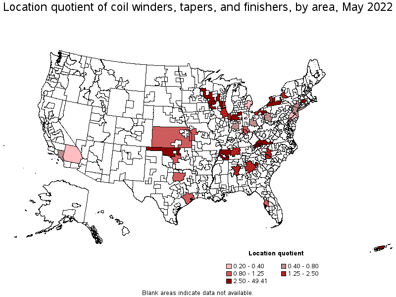 Map of location quotient of coil winders, tapers, and finishers by area, May 2022