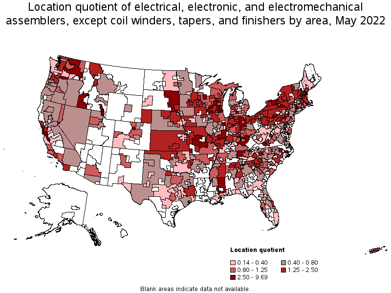 Map of location quotient of electrical, electronic, and electromechanical assemblers, except coil winders, tapers, and finishers by area, May 2022