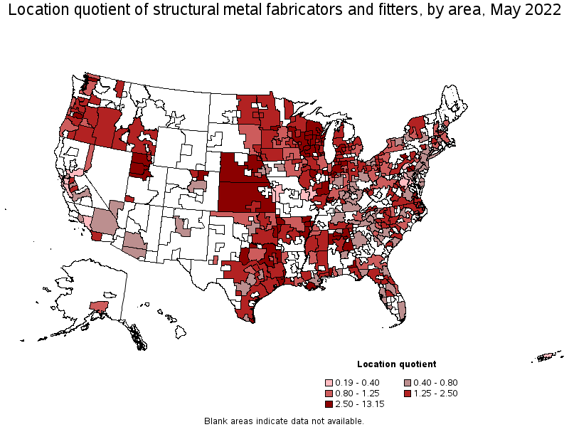 Map of location quotient of structural metal fabricators and fitters by area, May 2022