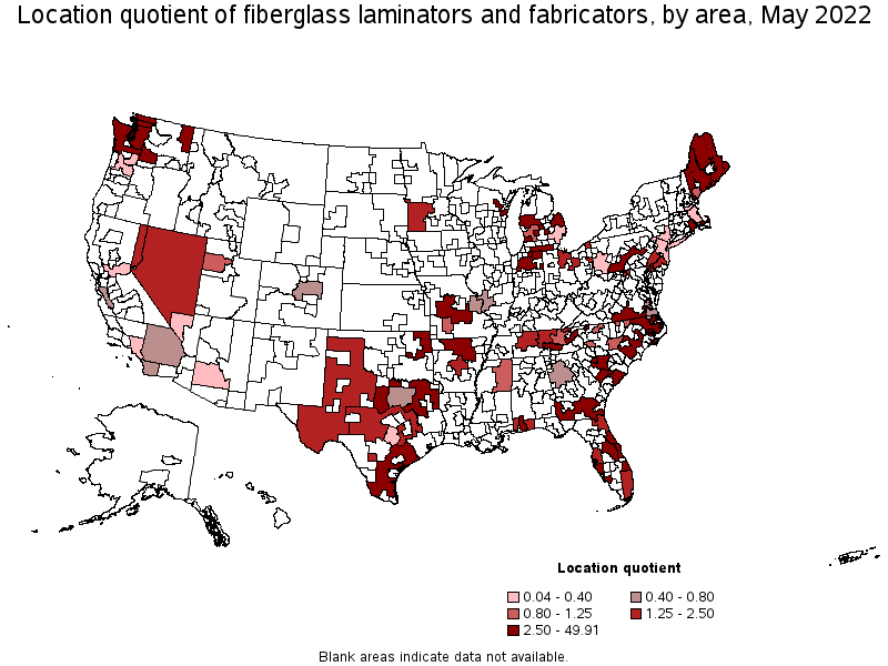 Map of location quotient of fiberglass laminators and fabricators by area, May 2022