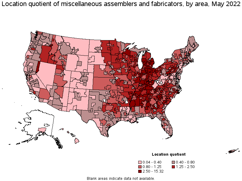 Map of location quotient of miscellaneous assemblers and fabricators by area, May 2022