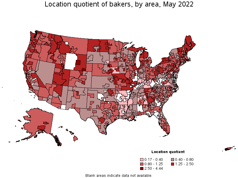 Map of location quotient of bakers by area, May 2022