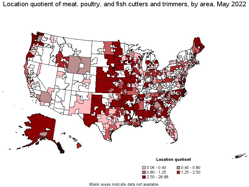 Map of location quotient of meat, poultry, and fish cutters and trimmers by area, May 2022