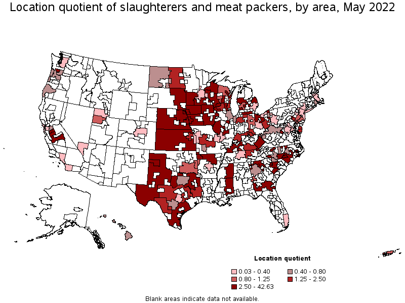 Map of location quotient of slaughterers and meat packers by area, May 2022