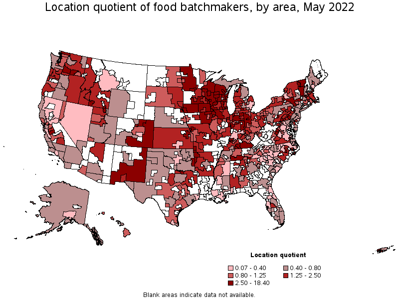 Map of location quotient of food batchmakers by area, May 2022