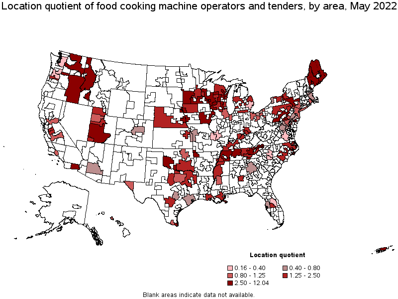 Map of location quotient of food cooking machine operators and tenders by area, May 2022