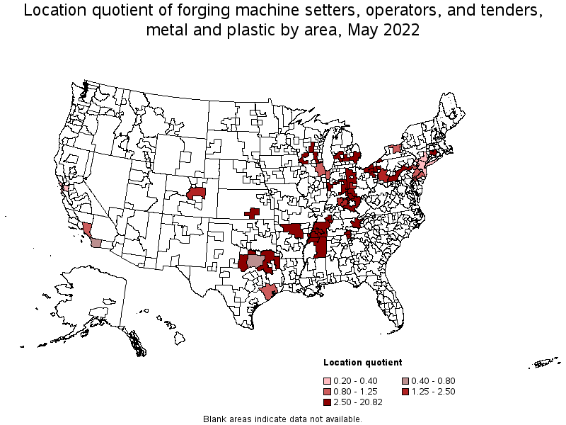 Map of location quotient of forging machine setters, operators, and tenders, metal and plastic by area, May 2022
