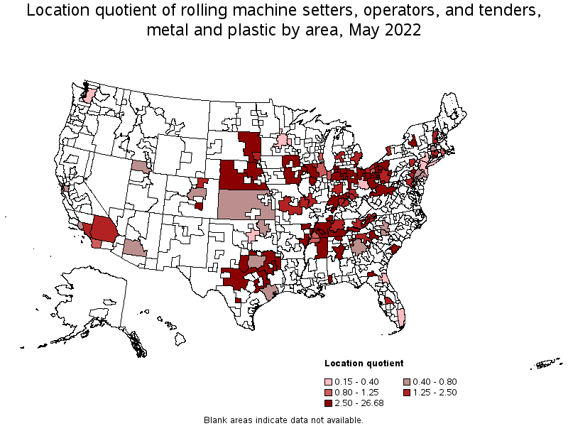 Map of location quotient of rolling machine setters, operators, and tenders, metal and plastic by area, May 2022
