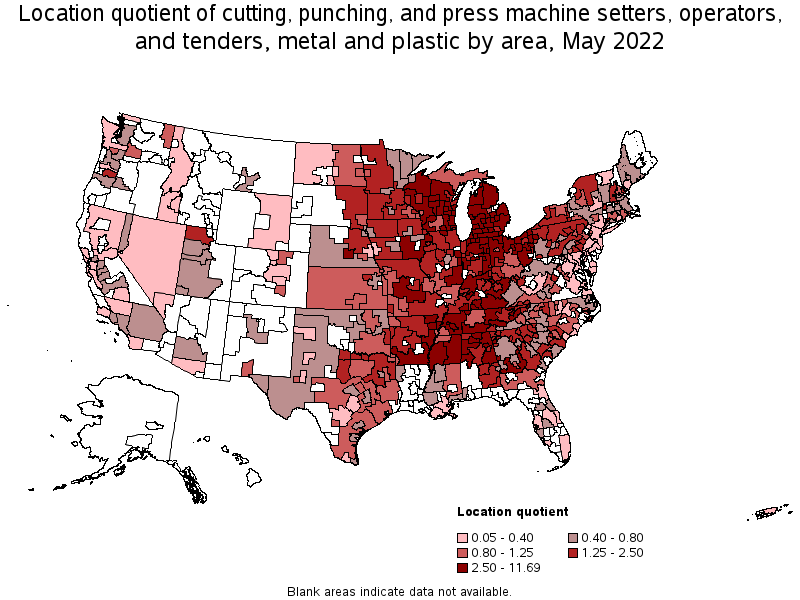 Map of location quotient of cutting, punching, and press machine setters, operators, and tenders, metal and plastic by area, May 2022