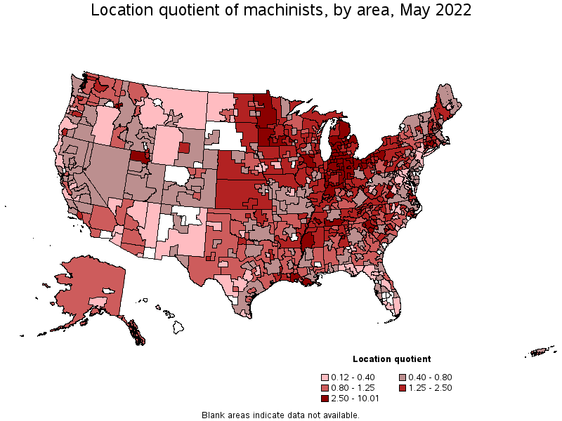 Map of location quotient of machinists by area, May 2022